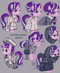 Size: 1500x1800 | Tagged: safe, artist:disaterror, starlight glimmer, pony, unicorn, g4, alternate clothes, alternate hairstyle, bag, bags under eyes, bangs, base used, boots, butt, clothes, coat, collared shirt, dictator, epaulettes, eyebrows, female, frown, gray background, hair bun, hat, hood, hoof boots, hoof shoes, horn, jacket, jewelry, mare, mask, military hat, military uniform, narrowed eyes, necklace, noise, pants, peaked cap, pink coat, plot, ponytail, purple eyes, raised eyebrow, raised hoof, robe, ruffled shirt, s5 starlight, saddle bag, sash, scarf, shirt, shoes, short mane, simple background, smiling, smirk, solo, standing, standing on three hooves, three quarter view, three toned mane, three toned tail, tied mane, tunic, turned head, unicorn horn, uniform, winter coat, winter outfit