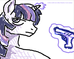 Size: 645x511 | Tagged: safe, artist:muffinz, artist:syrup, twilight sparkle, pony, unicorn, g4, dusk shine, gun, horn, male, rule 63, solo, stallion, weapon