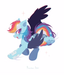 Size: 2400x2800 | Tagged: safe, artist:mirtash, rainbow dash, pegasus, pony, g4, alternate design, alternate mane color, alternate tail color, black wings, blue coat, blue text, chromatic aberration, coat markings, colored eyelashes, colored pinnae, colored pupils, colored underhoof, colored wings, ear fluff, eye markings, eyelashes, female, flying, high res, leg markings, lidded eyes, lineless, looking back, magenta eyelashes, magenta eyes, magenta pupils, mare, multicolored mane, multicolored tail, name, one wing out, open mouth, open smile, pink eyes, profile, purple eyelashes, purple pupils, simple background, smiling, solo, sparkles, sparkly mane, sparkly tail, tail, underhoof, white background, wing fluff, wings