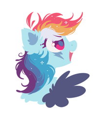 Size: 532x640 | Tagged: safe, artist:mirtash, rainbow dash, pegasus, pony, g4, alternate design, alternate mane color, black wings, blue coat, chest fluff, colored eyelashes, colored pinnae, colored pupils, colored wings, ear fluff, eye markings, female, lineless, magenta eyelashes, magenta eyes, magenta pupils, mare, multicolored mane, one wing out, open mouth, open smile, pink eyes, profile, purple eyelashes, purple pupils, shiny eyes, simple background, smiling, solo, sparkles, sparkly mane, white background, wing fluff, wings