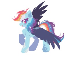 Size: 1163x921 | Tagged: safe, artist:mirtash, rainbow dash, pegasus, pony, g4, alternate design, alternate mane color, alternate tail color, black wings, chest fluff, coat markings, colored eyelashes, colored pinnae, colored pupils, colored wings, ear fluff, female, hock fluff, leg fluff, leg markings, lineless, looking back, magenta eyelashes, magenta eyes, magenta pupils, mare, multicolored mane, multicolored tail, one wing out, open mouth, open smile, pink eyes, profile, purple eyelashes, purple pupils, raised hoof, shiny eyes, shoulder fluff, simple background, smiling, solo, sparkles, sparkly mane, sparkly tail, standing, standing on three hooves, tail, white background, wing fluff, wings