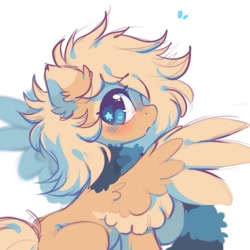 Size: 705x705 | Tagged: safe, artist:mirtash, oc, oc only, oc:mirta whoowlms, pegasus, pony, blonde mane, blonde tail, blue eyes, blue pupils, blush lines, blushing, clothes, colored eartips, colored pupils, colored wings, colored wingtips, ear fluff, emanata, eye markings, eyelashes, female, female oc, fluffy, fluffy mane, looking back, mare, mare oc, open mouth, pegasus oc, plewds, ponysona, profile, scarf, shiny eyes, solo, spread wings, starry eyes, striped scarf, tail, two toned wings, wing fluff, wingding eyes, wings, yellow coat, yellow wingtips