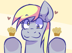 Size: 1261x919 | Tagged: safe, artist:thegemstallion, derpy hooves, pony, g4, cute, derpabetes, female, food, heart, looking at you, muffin, smiling, smiling at you, solo, solo female