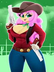 Size: 1500x2000 | Tagged: safe, artist:xan-gelx, oc, oc only, oc:quickdraw, human, equestria girls, g4, belt, big breasts, breasts, button-up shirt, cleavage, clothes, commissioner:dhs, complex background, cowboy hat, cowgirl, curly mane, denim, eye clipping through hair, eyebrows, eyebrows visible through hair, female, fence, gloves, green background, gun, handgun, hat, jeans, looking at you, necktie, open mouth, open smile, pants, perspective error, revolver, shirt, simple background, smiling, solo, vest