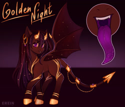 Size: 2344x2000 | Tagged: safe, artist:erein, oc, oc only, oc:golden night, demon, demon pony, incubus, pony, succubus, bat wings, brown coat, brown mane, coat markings, colored sclera, demon wings, devil tail, ear piercing, ears, ears up, eyebrows, eyeshadow, fangs, female, gold, gradient background, high res, horns, jewelry, long tongue, looking at you, makeup, mare, piercing, purple eyes, reference sheet, solo, tail, text, tongue out, wings, yellow sclera