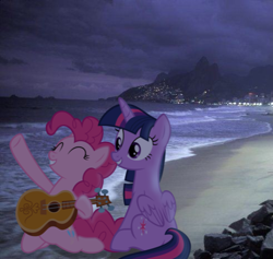 Size: 491x465 | Tagged: safe, nightmare moon, pinkie pie, twilight sparkle, alicorn, earth pony, pony, g4, beach, female, guitar, irl, lesbian, mare, musical instrument, photo, ponies in real life, ship:twinkie, shipping