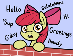 Size: 2048x1573 | Tagged: safe, artist:ewoudcponies, apple bloom, earth pony, pony, g4, adorabloom, brick wall, bust, cute, dialogue, female, filly, foal, howdy, solo, talking to viewer