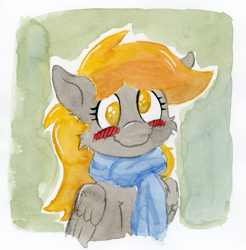 Size: 1045x1063 | Tagged: safe, artist:lost marbles, derpy hooves, pegasus, pony, g4, blushing, cheek fluff, clothes, female, mare, mixed media, scarf, smiling, solo, traditional art, watercolor painting, wings