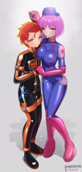 Size: 1690x3555 | Tagged: safe, artist:mgroo27, oc, oc only, oc:fireheart(fire), oc:nurse lavender blossom, human, equestria girls, g4, alternate universe, clothes, couple, fireheart76's latex suit design, gloves, humanized, humanized oc, latex, latex boots, latex gloves, latex suit, prisoners of the moon, rubber, rubber gloves, rubber suit