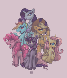 Size: 968x1122 | Tagged: safe, artist:helioclawnix, applejack, fluttershy, pinkie pie, rainbow dash, rarity, twilight sparkle, alicorn, earth pony, pegasus, unicorn, colored hooves, digital art, glasses, group shot, hooves, horn, jewelry, mane six, necklace, pixel art, signature, simple background, smiling, twilight sparkle (alicorn)