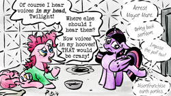 Size: 1200x675 | Tagged: safe, artist:pony-berserker, part of a set, pinkie pie, twilight sparkle, alicorn, pony-berserker's twitter sketches, g4, insane asylum, oh no, padded cell, part of a series, pony-berserker's twitter sketches (2024), schizophrenia, subversion, the implications are horrible, twilight sparkle (alicorn), voices in the head