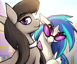 Size: 1301x1084 | Tagged: safe, artist:sleepyhoers, dj pon-3, octavia melody, vinyl scratch, earth pony, pony, unicorn, g4, bowtie, canterlot, female, grin, horn, lidded eyes, looking at you, mare, smiling, sunglasses, wrong eye color