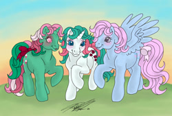 Size: 1087x735 | Tagged: safe, artist:moonfeather, fizzy, gusty, wind whistler, pegasus, twinkle eyed pony, unicorn, g1, bow, female, horn, mare, outdoors, raised hoof, signature, spread wings, standing, tail, tail bow, trio, trio female, wings