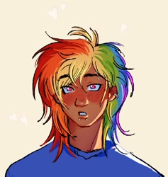 Size: 1242x1310 | Tagged: safe, artist:eeriezoundzz, rainbow dash, human, g4, blush lines, blushing, clothes, ear piercing, earring, eyebrow piercing, heart, humanized, jewelry, lip piercing, looking at you, multicolored hair, piercing, rainbow hair, shirt, snake bites, t-shirt