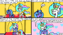 Size: 1192x670 | Tagged: safe, artist:eternaljonathan, princess celestia, princess luna, alicorn, comic:first three back, g4, canterlot, castle, comic, digital art, female, hug, royal sisters, siblings, sisters