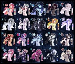 Size: 2318x1964 | Tagged: safe, artist:flixanoa, oc, oc only, oc:honey, bat pony, griffon, pegasus, pony, adoptable, adoptable open, bags under eyes, bandaid, bangs, bat pony oc, beak, bells, big eyes, black bow, black coat, black mane, black socks, black tail, black wings, blaze (coat marking), blonde mane, blonde tail, blue coat, blue eyelashes, blue eyes, blue hooves, blue mane, blue tail, blush lines, blushing, bow, braid, braided pigtails, brown coat, brown eyes, brown eyeshadow, brown hooves, brown wings, butt freckles, chest fluff, chest markings, choker, claws, clothes, coat markings, color palette, colored belly, colored eyelashes, colored hooves, colored pinnae, colored pupils, colored wings, colored wingtips, cream coat, cream wingtips, curly mane, curly tail, cyan eyes, ear fluff, ear piercing, ear tufts, earring, eye clipping through hair, eyebrows, eyebrows visible through hair, eyelashes, eyeshadow, facial markings, fangs, female, female oc, fetlock tuft, folded wings, for sale, freckles, frilly socks, frown, garter belt, garter straps, garters, glasses, goggles, goggles on head, gradient legs, gradient mane, gradient tail, gradient wings, gray coat, gray eyes, gray feathers, gray fur, gray hooves, gray wings, green coat, green eyes, green hooves, green mane, green tail, griffon oc, group, hair accessory, hair bow, hair ribbon, hair tie, hairpin, hat, heart, heart eyes, heterochromia, hock fluff, hockless socks, hoofless socks, hooves, jester, jester hat, jewelry, lace choker, lavender coat, leonine tail, lidded eyes, light blue coat, light blue eyes, long mane, long socks, long tail, looking back, makeup, male, male oc, mane accessory, mane tie, mare, mare oc, multicolored mane, multicolored tail, no pupils, nurse hat, orange coat, orange mane, orange tail, outline, pale belly, pale coat, paws, piercing, pigtails, pink coat, pink eyeshadow, pink mane, pink tail, pink wings, pink wingtips, ponytail, purple coat, purple eyelashes, purple eyes, purple mane, purple tail, raised leg, real life background, red bow, red coat, red eyes, red hooves, red mane, red pupils, red tail, ribbon, round glasses, ruff (clothing), scarf, shiny hooves, shiny mane, shiny tail, shoulder fluff, shoulder freckles, shrunken pupils, silver hooves, slit pupils, smiling, snip (coat marking), socks, socks (coat markings), sparkles, sparkly eyes, sparkly mane, sparkly tail, spiked wristband, stallion, stallion oc, standing, standing on three hooves, striped scarf, striped socks, swirly eyes, tail, tail accessory, tail bow, tail bun, tan coat, thigh highs, thin tail, three quarter view, three toned mane, three toned tail, tied mane, tied tail, tongue out, two toned eyes, two toned mane, two toned tail, two toned wings, wall of tags, wavy mane, wavy tail, white coat, white eyelashes, white eyeshadow, white hair, white hooves, white pupils, white socks, white tail, white wings, wing claws, wing freckles, wingding eyes, wings, witch hat, wristband