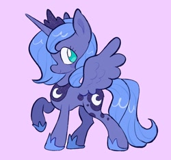 Size: 2048x1914 | Tagged: safe, artist:alexbeeza, princess luna, alicorn, pony, g4, blue coat, blue mane, blue tail, colored, crown, cute, eyelashes, female, flat colors, hoof shoes, horn, jewelry, lavender background, looking back, lunabetes, mare, no pupils, peytral, princess shoes, profile, purple background, raised hoof, regalia, s1 luna, shiny mane, shiny tail, short mane, simple background, smiling, solo, spread wings, standing on three hooves, tail, teal eyes, unicorn horn, wings