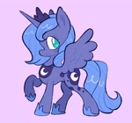 Size: 2048x1914 | Tagged: safe, artist:alexbeeza, princess luna, alicorn, pony, g4, blue coat, blue mane, blue tail, colored, concave belly, crown, cute, eyelashes, female, flat colors, hoof shoes, horn, jewelry, lavender background, looking back, lunabetes, mare, no pupils, peytral, princess shoes, profile, purple background, raised hoof, regalia, s1 luna, shiny mane, shiny tail, short mane, simple background, slender, smiling, solo, spread wings, standing on three hooves, tail, teal eyes, thin, unicorn horn, wings