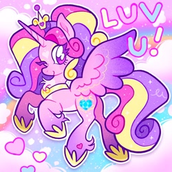 Size: 2048x2048 | Tagged: safe, artist:alexbeeza, princess cadance, alicorn, pony, g4, abstract background, alternate design, alternate hairstyle, chest fluff, coat markings, colored belly, colored eyelashes, colored horntip, colored wings, colored wingtips, crown, curly mane, curly tail, cute, cutedance, eye clipping through hair, eyebrows, eyebrows visible through hair, eyeshadow, facial markings, female, fetlock tuft, floating crown, floating heart, flying, gradient background, gradient horn, gradient legs, gradient wings, heart, heart mark, high res, hoof shoes, horn, jewelry, leg markings, long mane, long tail, looking back, makeup, mare, neck markings, one eye closed, outline, pale belly, peytral, pink coat, ponytail, princess shoes, purple eyelashes, purple eyes, purple wingtips, rainbow background, rainbow text, regalia, shiny eyes, shiny mane, shiny tail, signature, sky background, smiling, solo, sparkles, sparkly mane, sparkly tail, spots, spread wings, star (coat marking), striped wings, tail, three quarter view, three toned mane, three toned tail, tied mane, turned head, unicorn horn, wing markings, wings, wink, yellow eyeshadow