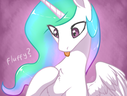 Size: 2080x1560 | Tagged: safe, artist:lina, princess celestia, alicorn, pony, g4, :p, bust, chest fluff, cute, cutelestia, dialogue, female, fluffy, horn, mare, missing accessory, portrait, princess, sitting, solo, spread wings, tongue out, wings