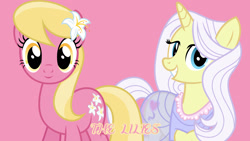 Size: 1920x1080 | Tagged: safe, artist:cheezedoodle96, artist:dashiesparkle edit, edit, editor:jaredking779, lily, lily lace, lily valley, earth pony, pony, unicorn, g4, clothes, duo, duo female, female, flower, flower in hair, horn, looking at you, mare, pink background, see-through, simple background, smiling