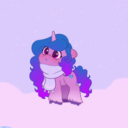 Size: 2480x2480 | Tagged: safe, artist:starburstuwu, izzy moonbow, pony, unicorn, g5, blushing, clothes, cute, daaaaaaaaaaaw, female, high res, horn, izzybetes, looking up, mare, scarf, snow, snowfall, solo, starburstuwu is trying to murder us, weapons-grade cute