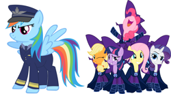 Size: 2560x1412 | Tagged: safe, applejack, fluttershy, pinkie pie, rainbow dash, rarity, twilight sparkle, g4, my little pony: friendship is magic, the mysterious mare do well, air force, clothes, mane six, mare do well costume, military uniform, uniform