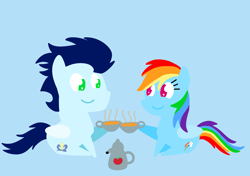 Size: 3553x2499 | Tagged: safe, anonymous artist, derpibooru exclusive, rainbow dash, soarin', pegasus, pony, series:soarindash all seasons, series:soarindash romantic tales, series:soarindash winter, g4, female, food, looking at each other, looking at someone, male, mare, pointy ponies, ship:soarindash, shipping, smiling, smiling at each other, stallion, straight, tea