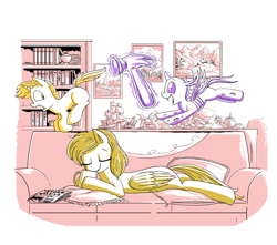 Size: 2685x2376 | Tagged: safe, artist:jowyb, oc, oc only, oc:gleaming gold, oc:raining lead, oc:shellac, changeling, pegasus, pony, unicorn, fanfic:the boy and the bug, changeling oc, coffee mug, colt, eyes closed, fanfic art, female, foal, hammer, high res, horn, levitation, limited palette, magic, male, mare, mug, partially transparent background, running, telekinesis, trio