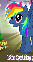 Size: 379x708 | Tagged: safe, gameloft, rainbow dash, pegasus, pony, g4, my little pony: friendship is magic, secrets and pies, adorabolical, adorapiehater, cropped, cute, english, evil pie hater dash, face of mercy, fangs, female, food, mare, meme, pie, smiling, solo, spread wings, text, when she smiles, wings, wow! glimmer