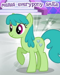 Size: 310x387 | Tagged: safe, gameloft, green jewel, earth pony, pony, g4, background pony, cropped, english, female, mare, meme, raised hoof, smiling, solo, text, wow! glimmer