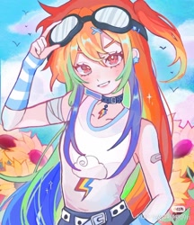 Size: 1080x1251 | Tagged: artist needed, source needed, useless source url, safe, rainbow dash, human, g4, choker, goggles, goggles on head, humanized, outdoors