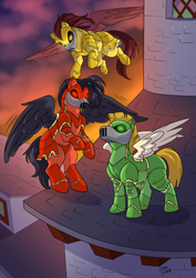 Size: 1614x2283 | Tagged: safe, artist:ctrlzeke, oc, oc only, pegasus, pony, armor, flying, glowing, glowing eyes, helmet, knight, rooftop, standing, sunset, trio