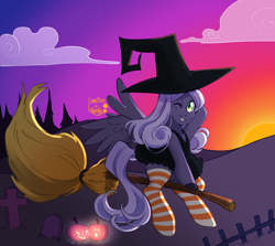 Size: 2800x2500 | Tagged: safe, artist:akaunkel, oc, oc only, oc:arpeggio pegasus, pegasus, pony, broom, clothes, costume, gradient background, gravestone, green eyes, halloween, halloween 2024, halloween costume, hat, hill, holiday, hooves, looking at you, one eye closed, pegasus oc, pumpkin, skirt, smiling, smiling at you, socks, striped socks, sunset, tree, wings, witch, witch hat