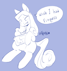 Size: 1900x2000 | Tagged: source needed, safe, artist:akaunkel, oc, oc:arpeggio pegasus, pegasus, pony, no fingers, pegasus oc, simple background, sketch, solo, steam deck, tongue out, video game, wingless