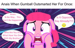 Size: 3000x1918 | Tagged: safe, artist:memeartboi, earth pony, pony, g4, anais watterson, emoji, female, filly, foal, humor, meme, mouth wide open, open mouth, overthinking, overthinking it, ponified, shocked, shocked expression, shocked eyes, solo, solo female, speech bubble, teeth, text, the amazing world of gumball