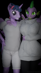 Size: 2160x3840 | Tagged: safe, artist:cappyadams, spike, twilight sparkle, alicorn, dragon, anthro, g4, 3d, black background, blender, blender eevee, clothes, duo, duo focus, duo male and female, female, male, revamped anthros, rule 63, simple background, twilight sparkle (alicorn)