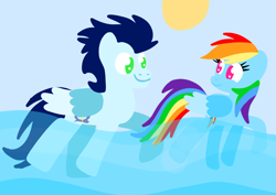 Size: 2602x1847 | Tagged: safe, anonymous artist, derpibooru exclusive, rainbow dash, soarin', pegasus, pony, series:soarindash romantic tales, female, lineless, male, mare, ship:soarindash, shipping, stallion, straight, swimming, water