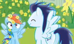 Size: 1280x764 | Tagged: safe, artist:soarindasher10, rainbow dash, soarin', pegasus, pony, g4, my little pony: friendship is magic, the perfect pear, female, flower, flower in hair, male, mare, ship:soarindash, shipping, stallion, straight