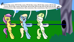 Size: 1920x1080 | Tagged: safe, artist:platinumdrop, apple cider (g4), lavender fritter, minty green, earth pony, pony, unicorn, g4, apple family member, commission, hole, horn, pulling, rope, singing, tree