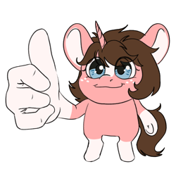 Size: 1408x1407 | Tagged: safe, artist:aliceg, oc, oc only, oc:milky chance, unicorn, big ears, freckles, horn, meme, silly, simple background, solo, thumbs up, transparent background