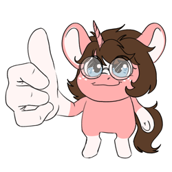 Size: 1408x1407 | Tagged: safe, artist:aliceg, oc, oc only, oc:milky chance, unicorn, big ears, freckles, glasses, horn, meme, round glasses, silly, simple background, solo, thumbs up, transparent background