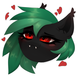 Size: 2527x2486 | Tagged: artist needed, safe, oc, oc:mint sunset, bat pony, blushing, bust, ear fluff, fangs, female, heart, heart eyes, in love, mare, solo, solo female, wingding eyes