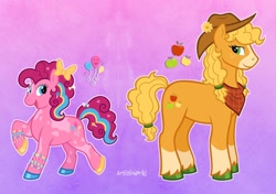 Size: 1280x900 | Tagged: safe, artist:artisticwerks, applejack, pinkie pie, earth pony, pony, g4, bandana, bow, bracelet, coat markings, colored hooves, cowboy hat, cutie mark, duo, facial markings, female, hair bow, hat, hooves, jewelry, mare, mealy mouth (coat marking), redesign, socks (coat markings), unshorn fetlocks