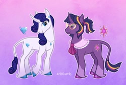 Size: 1280x871 | Tagged: safe, artist:artisticwerks, rarity, twilight sparkle, alicorn, pony, unicorn, g4, clothes, coat markings, colored hooves, curved horn, cutie mark, duo, facial markings, female, glasses, hooves, horn, jewelry, leonine tail, looking at you, mare, mealy mouth (coat marking), necklace, ponytail, redesign, scarf, shawl, socks (coat markings), tail, twilight sparkle (alicorn), unshorn fetlocks