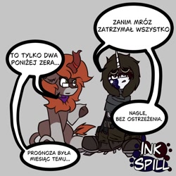 Size: 1000x1000 | Tagged: safe, artist:kranonetwork, oc, oc:arden stream, oc:ink spill, kirin, unicorn, dialogue, frostpunk, horn, meme, polish