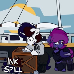 Size: 1000x1000 | Tagged: safe, artist:kranonetwork, oc, oc:ink spill, oc:presh, bat pony, unicorn, abstract background, boat, crate, goth, horn, paper, paperwork, sailboat