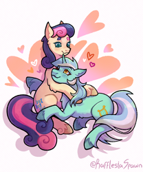 Size: 2500x3000 | Tagged: safe, artist:rafflesiaspawn, bon bon, lyra heartstrings, sweetie drops, earth pony, pony, unicorn, g4, abstract background, duo, female, heart, horn, hug, lesbian, looking at each other, looking at someone, ship:lyrabon, shipping