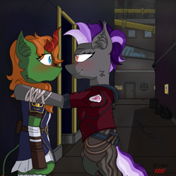 Size: 965x970 | Tagged: safe, artist:nismorose, allie way, neon lights, rising star, oc, oc:belldrums, oc:emerald pyre, bat pony, kirin, g4, arcane, background, blushing, building, cheek fluff, clothes, crossover, dirty, door, ear fluff, fangs, female, jacket, lesbian, lights, pinned, smiling, smirk, standing on two hooves, wanted poster, wide eyes