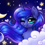 Size: 1080x1080 | Tagged: safe, artist:kruszynka25, princess luna, alicorn, pony, g4, blushing, chest fluff, cloud, crescent moon, cute, female, lunabetes, mare, moon, one eye closed, signature, sky, smiling, solo, stars, wink